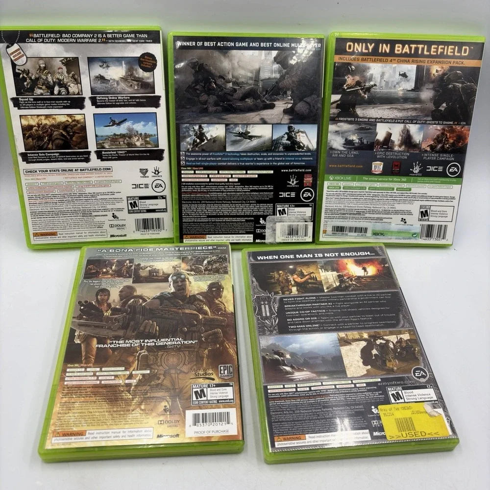 5 Xbox 360 Games Battlefield 2,3 & 4Army Of Two Gears Of War 3